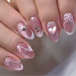 Elegant Pink Glossy, Medium, Almond Shaped Press-On Nails w/ Heart & Bow Accents